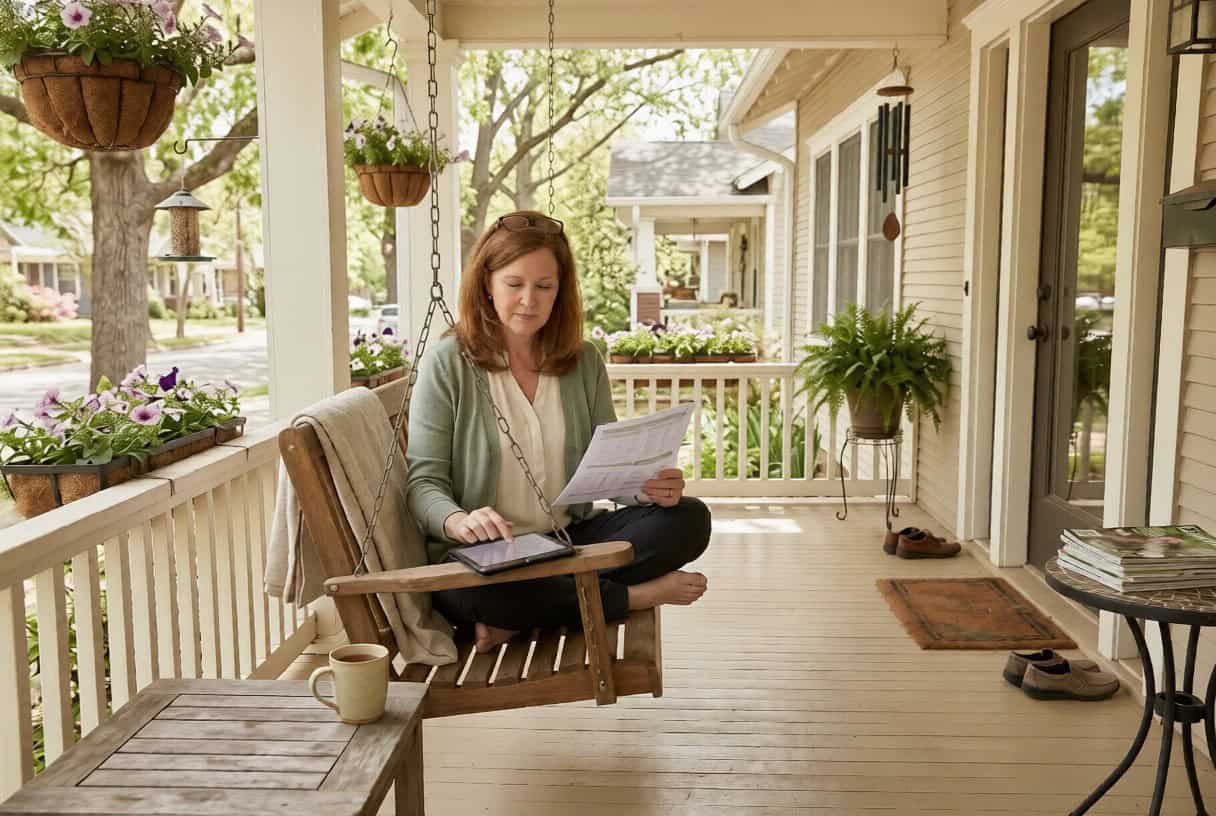 Arkansas woman reviewing affordable health insurance plan options on a Hot Springs front porch in 2026