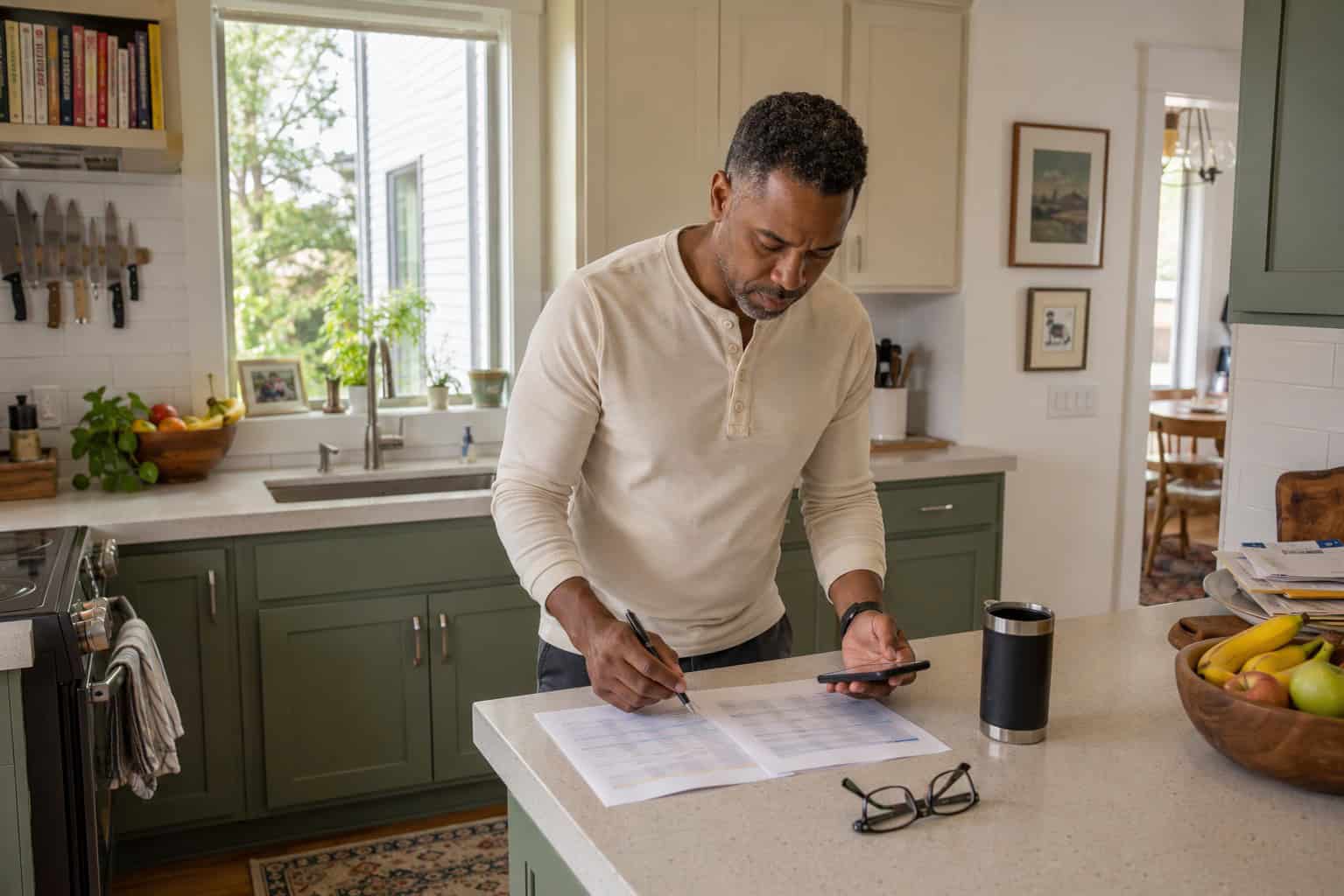 Arkansas man comparing health insurance carrier options at a kitchen counter in a Little Rock home in 2026