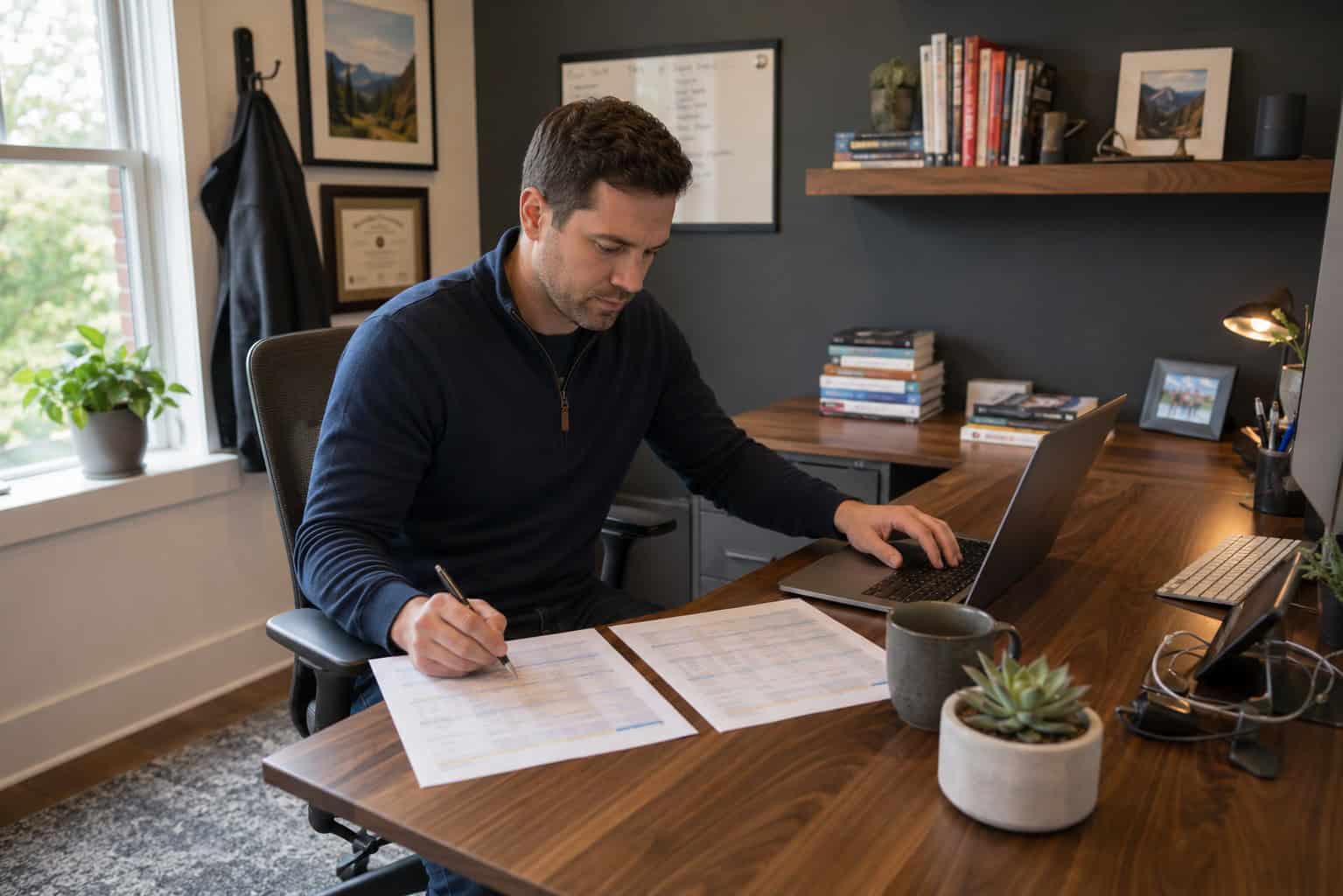 Self-employed Arkansas man reviewing private health insurance options at a Bentonville home office desk in 2026