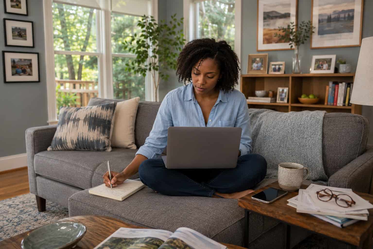 Arkansas woman comparing HealthCare.gov marketplace plans on a Fayetteville living room sofa in 2026
