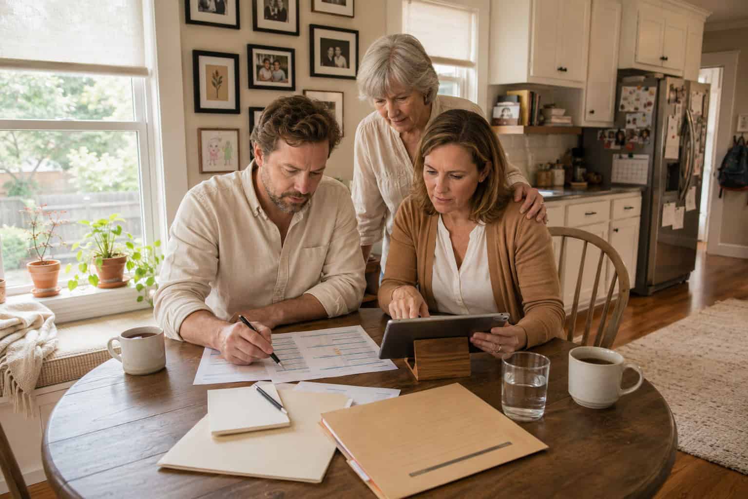 Arkansas family at a Little Rock kitchen table reviewing 2026 marketplace plans across the six carriers