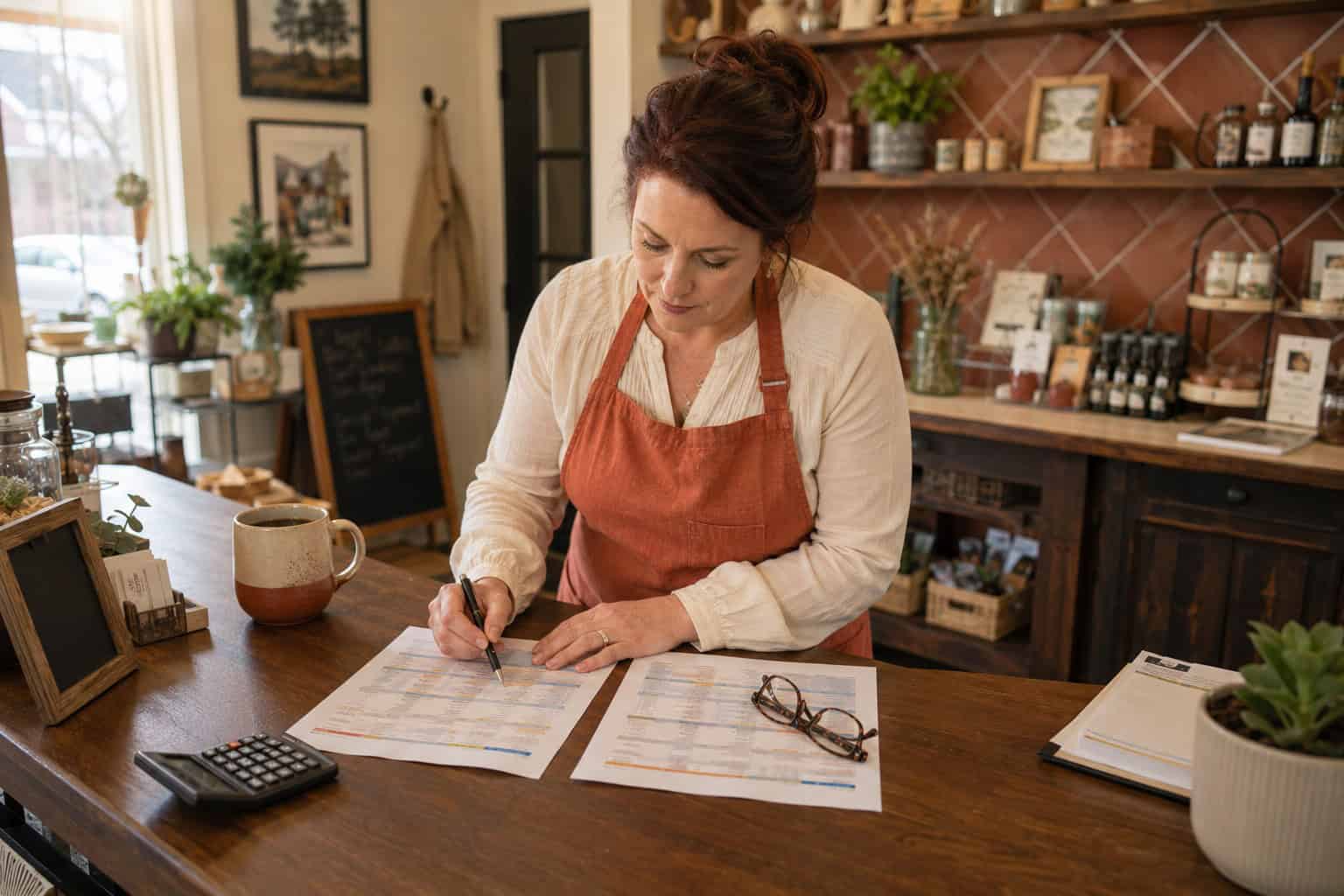 Arkansas small business owner reviewing employee health insurance options at a shop counter in Conway in 2026