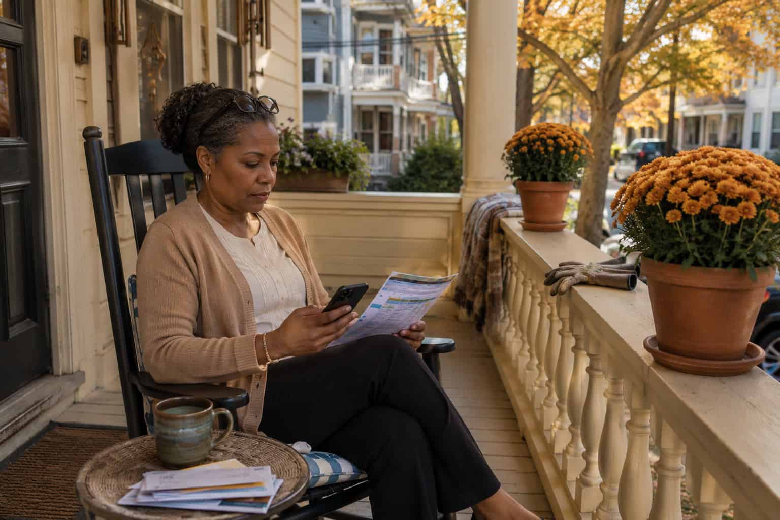 Connecticut woman reviewing affordable health insurance plan options on a Bridgeport front porch in 2026