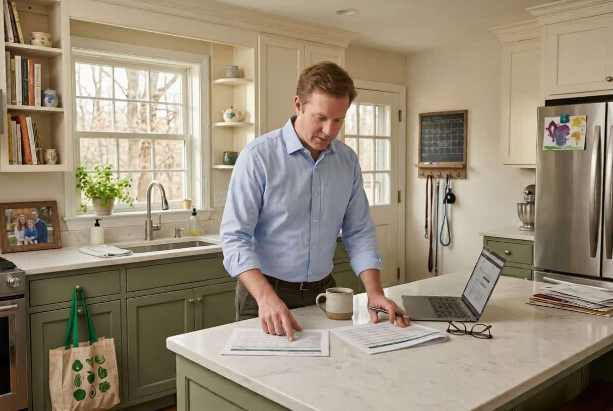 Connecticut man comparing Anthem and ConnectiCare health insurance plans at a Westport kitchen counter in 2026