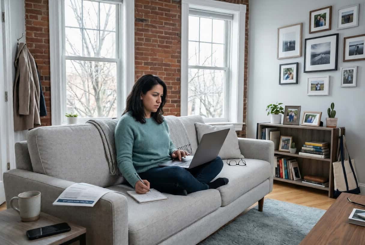 Connecticut woman comparing Access Health CT marketplace plans on a laptop in a New Haven living room in 2026
