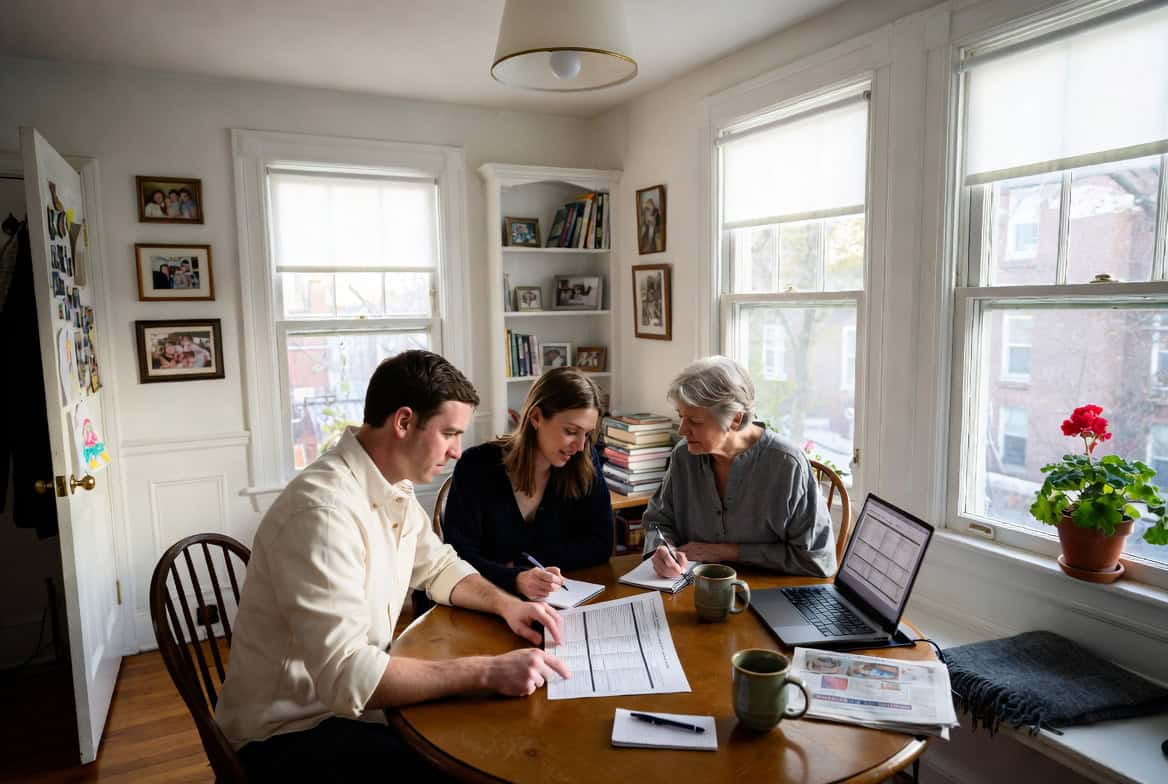 Connecticut family reviewing Access Health CT marketplace plans at a Hartford kitchen table in 2026