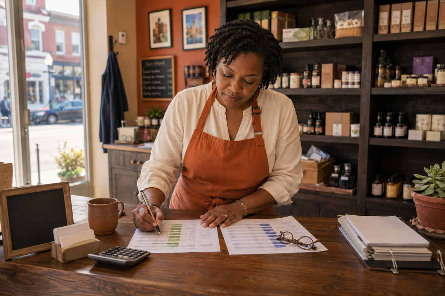 Connecticut small business owner reviewing employee health insurance plan options at a shop counter in New Britain in 2026