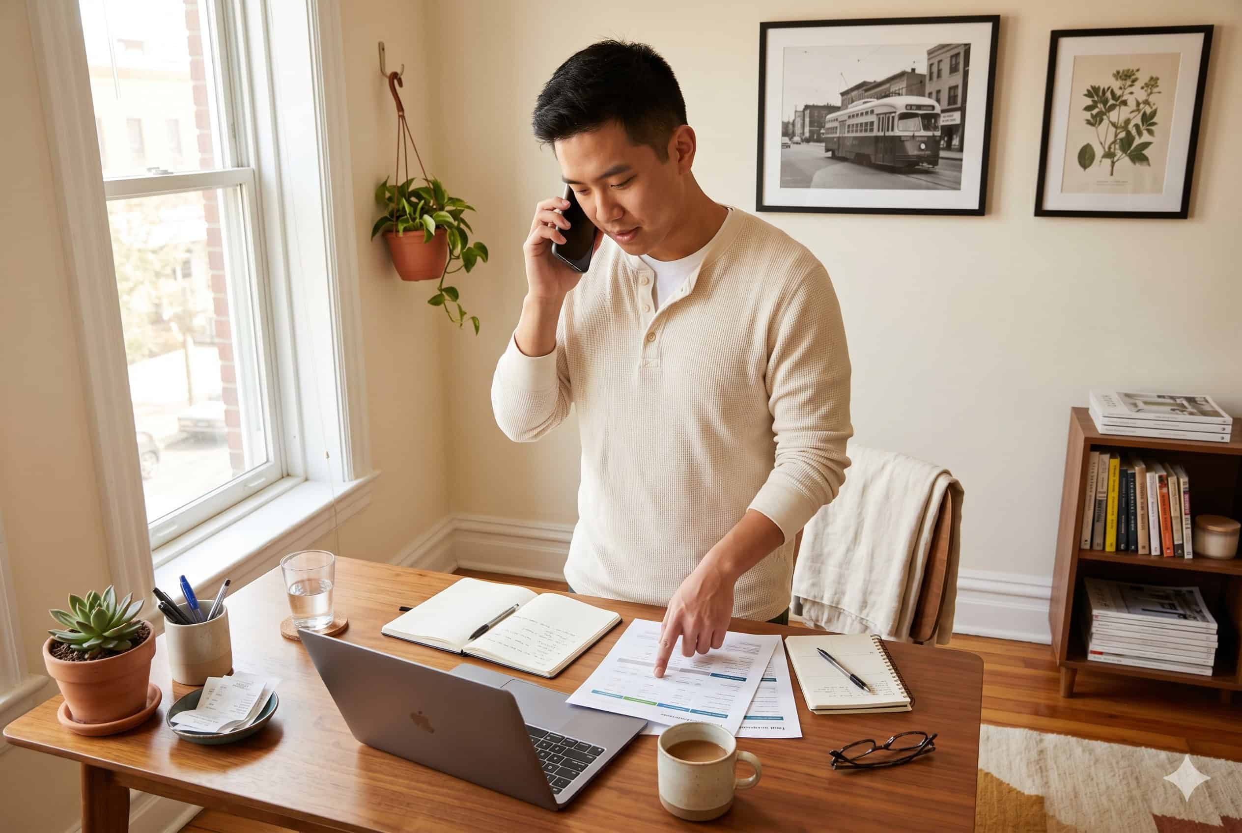 Self-employed DC resident on a phone call about 2026 DC Health Link individual coverage from an H Street home office