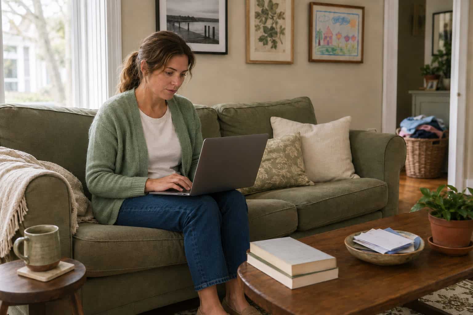 Delaware woman reviewing 2026 affordable marketplace options on a laptop in a Newark living room
