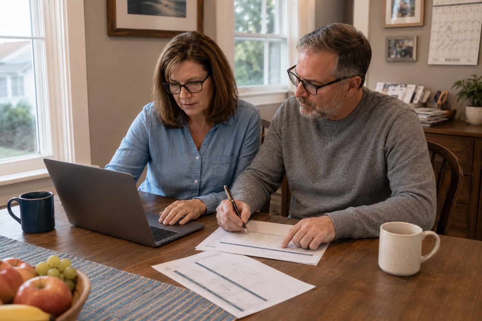 Delaware couple comparing 2026 carrier options on a laptop at a Dover dining table