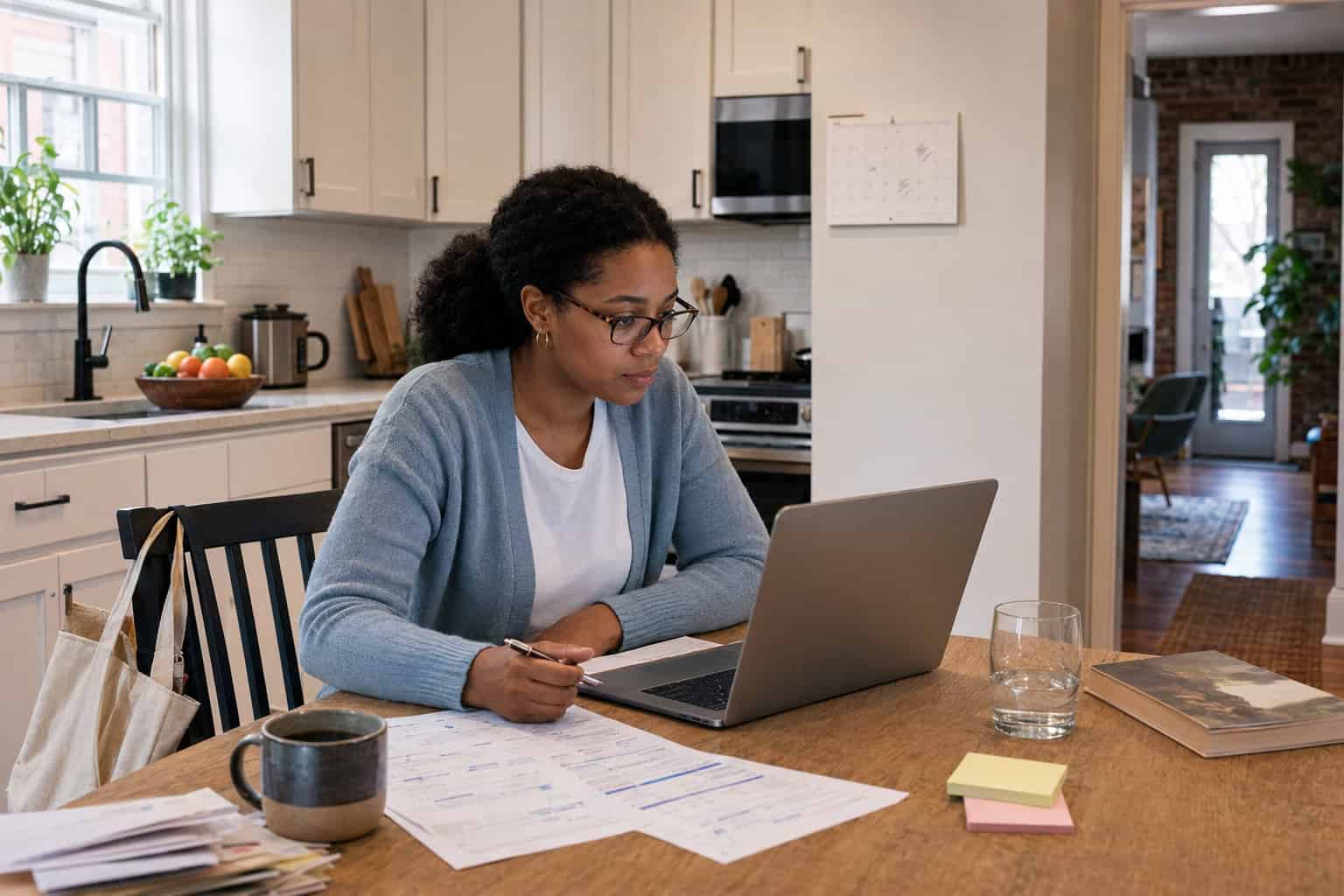 Delaware woman at a Wilmington kitchen table comparing 2026 marketplace plans on a laptop with printed worksheets