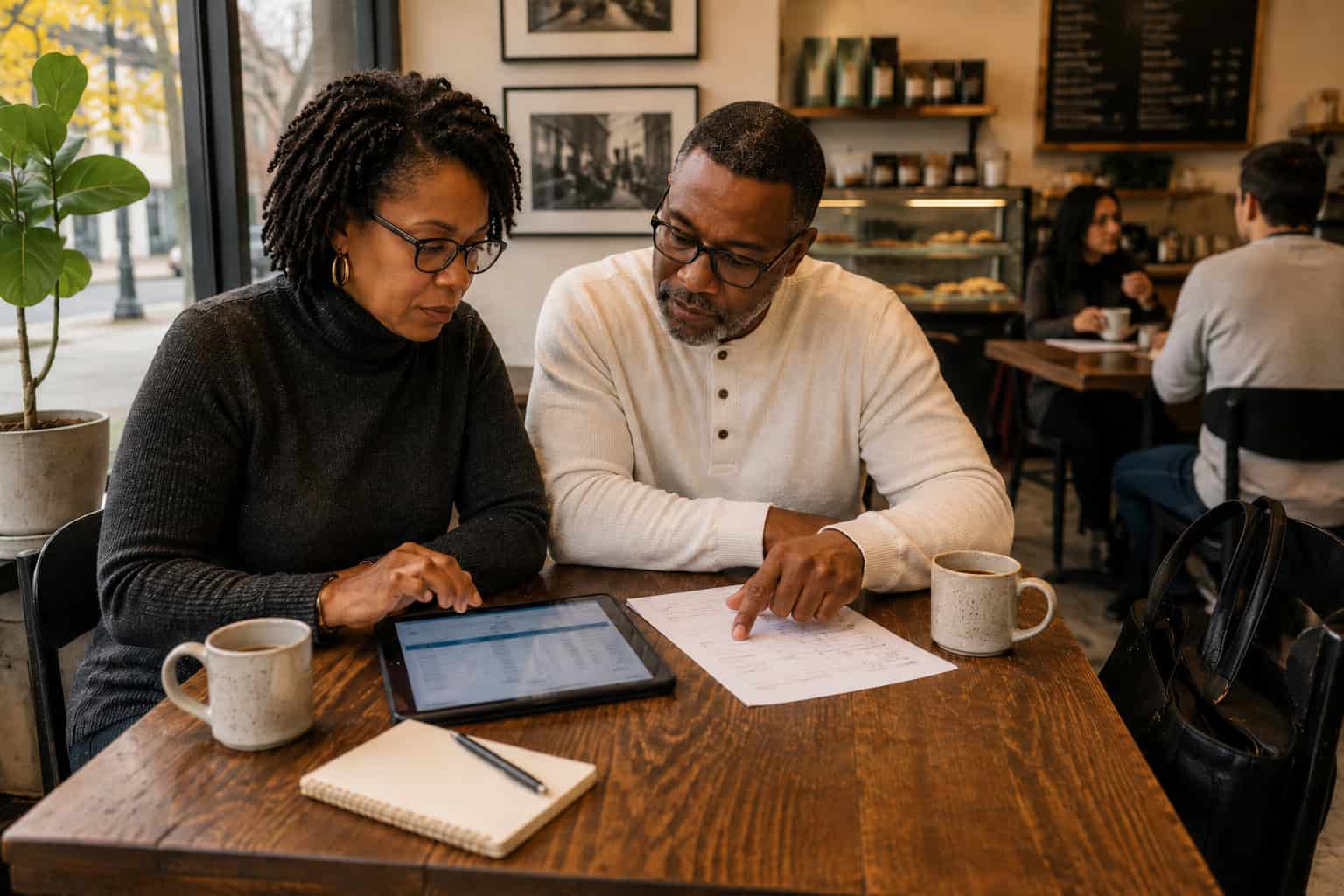 Illinois couple at an Evanston cafe table comparing 2026 health insurance carrier options on a tablet and printed worksheet