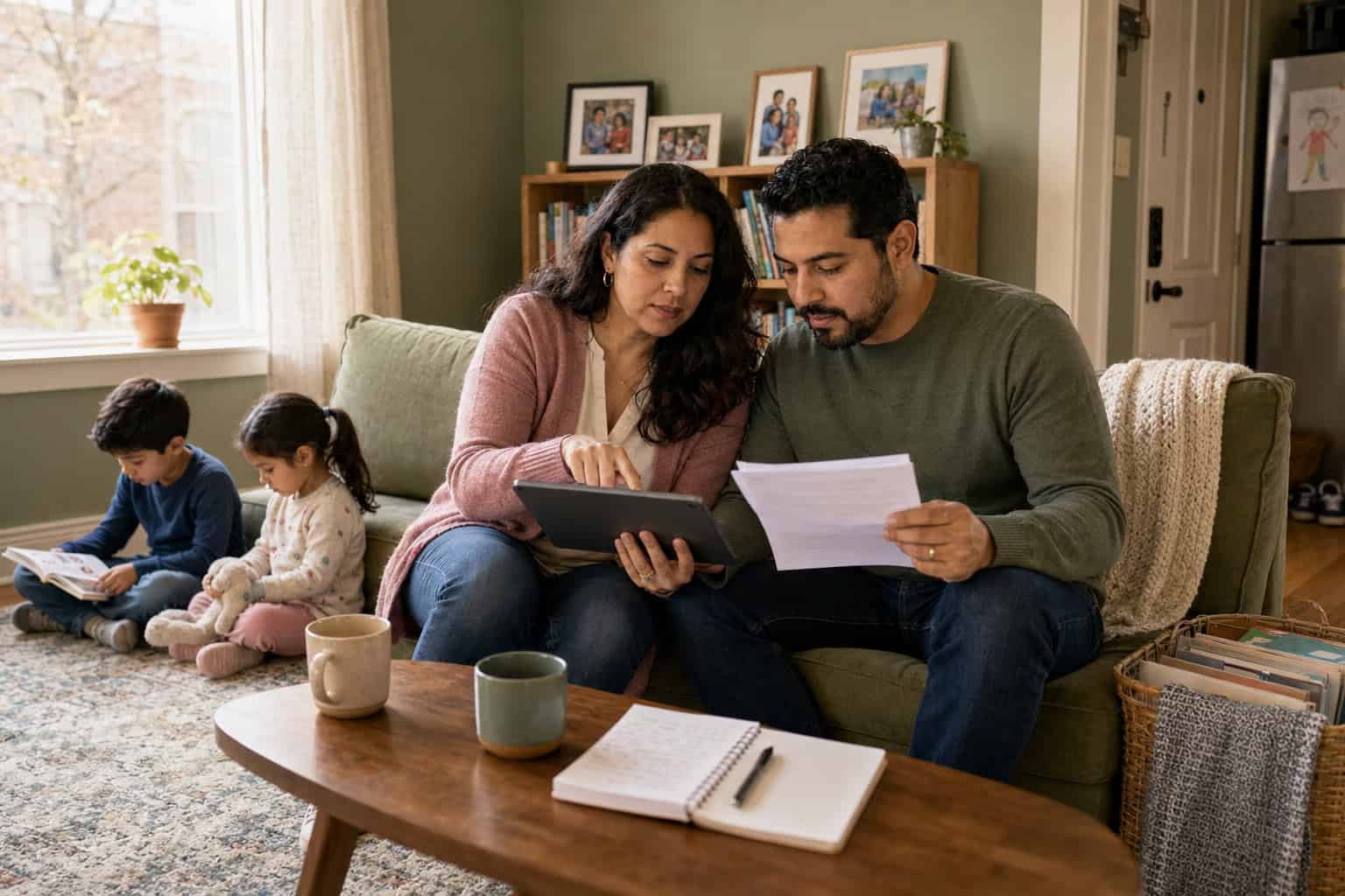 Illinois family at a Rogers Park living room couch reviewing 2026 All Kids and marketplace coverage options on a tablet