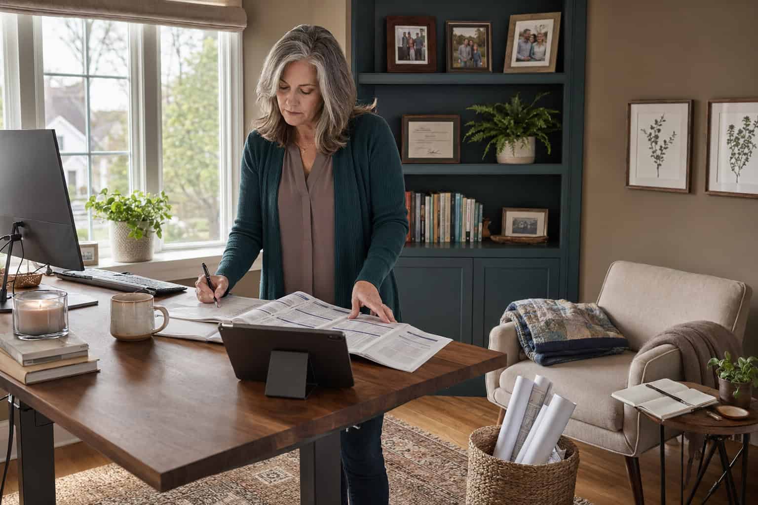 Illinois resident at Naperville home office reviewing 2026 PPO specialist directory at a standing desk by a sunny window