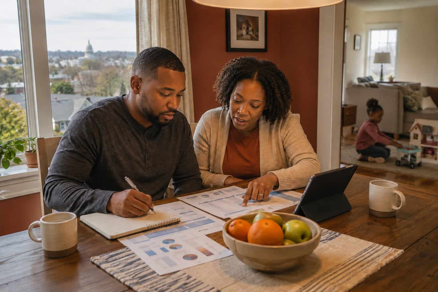 Kansas family at a Topeka dining table reviewing 2026 health insurance plan costs and subsidy options together