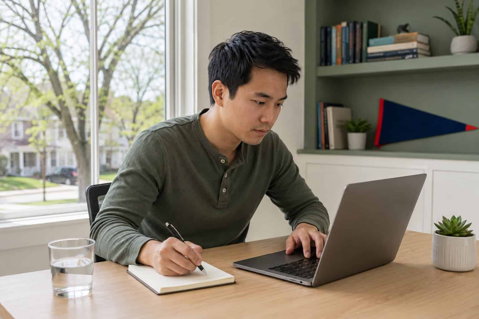 Kansas resident at a Lawrence home office desk comparing 2026 health insurance carrier options on a laptop