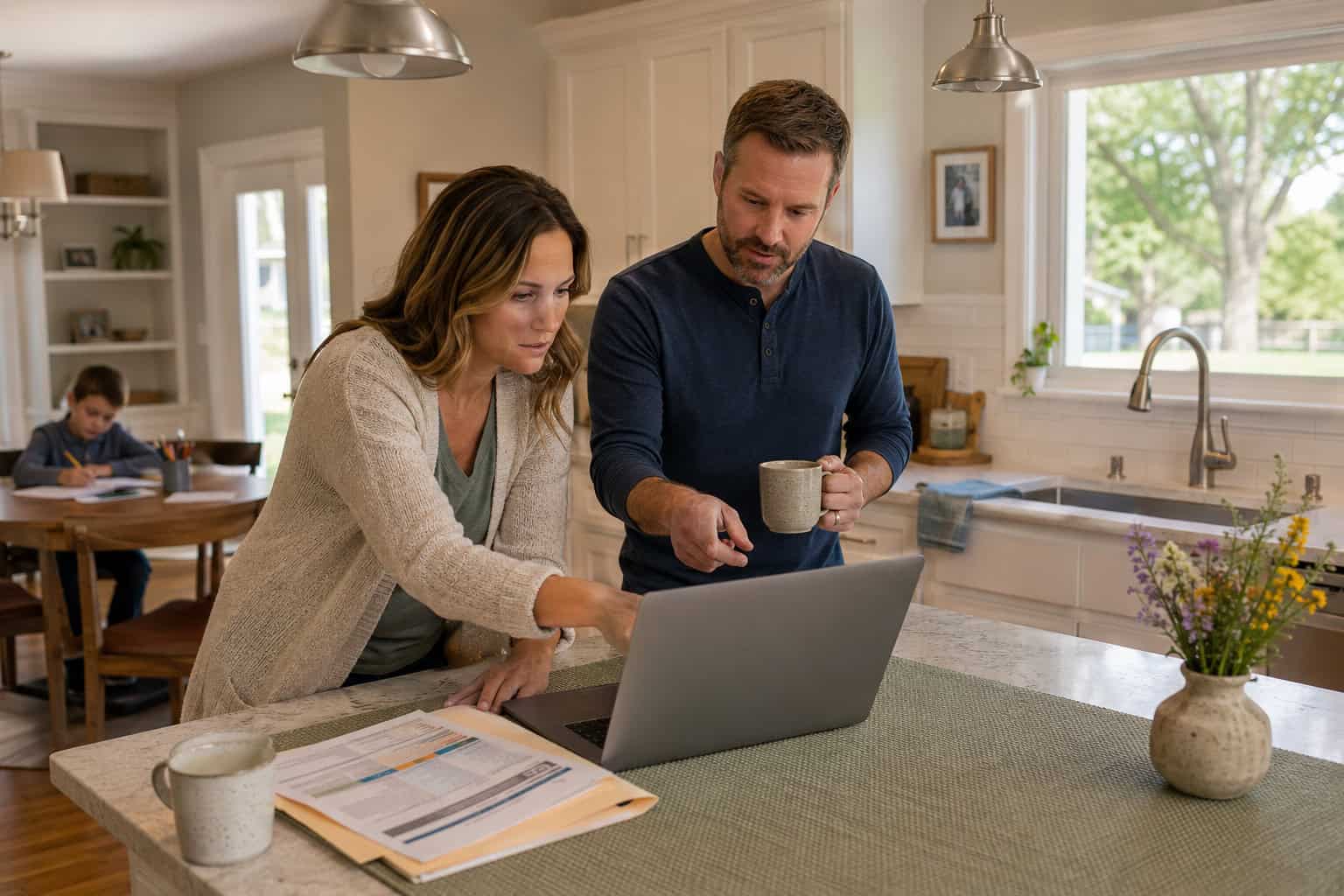 Kansas family at kitchen island comparing HealthCare.gov marketplace plans on a laptop in an Overland Park suburban home