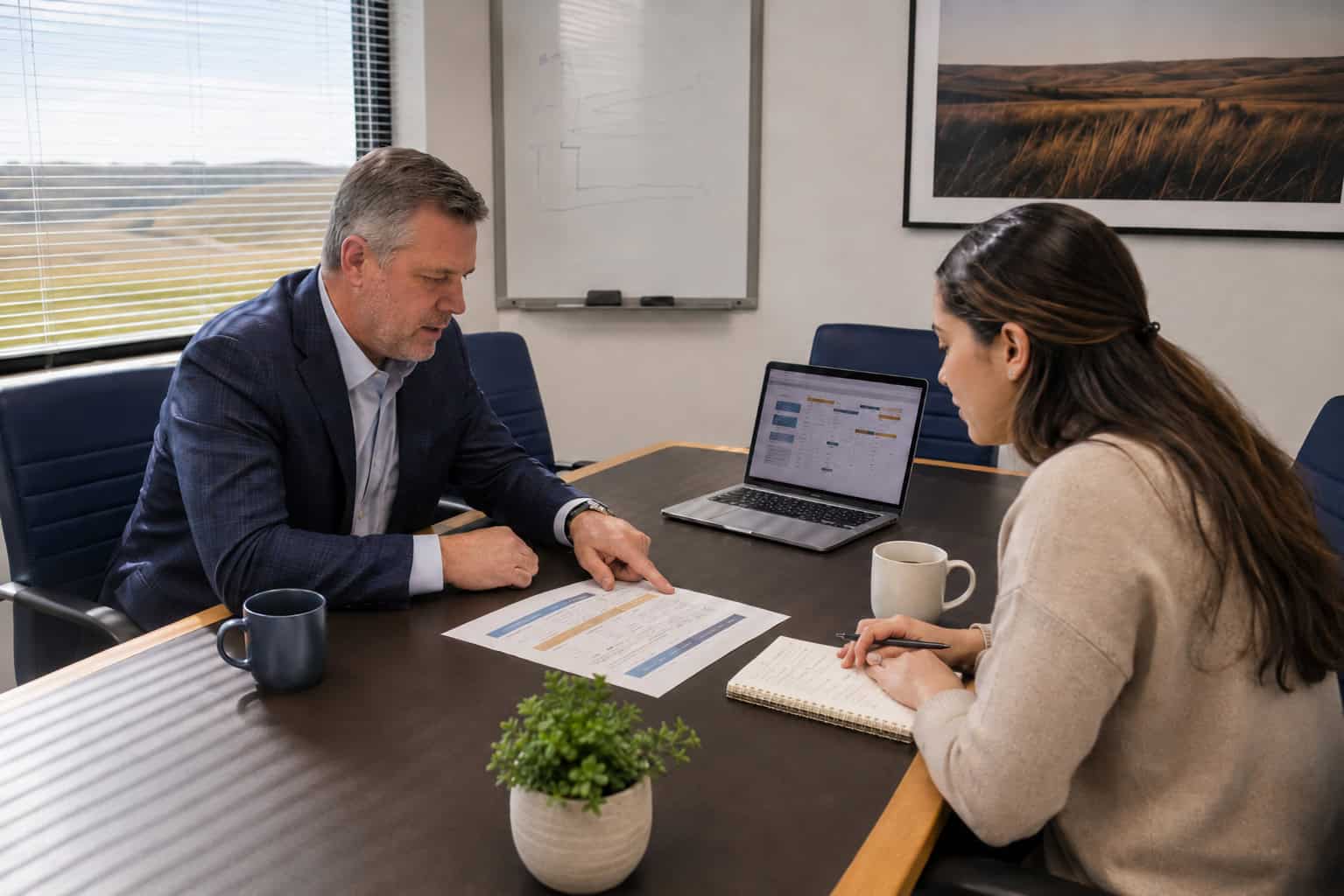 Kansas small business owner reviewing 2026 group health insurance options at a Manhattan Kansas conference table