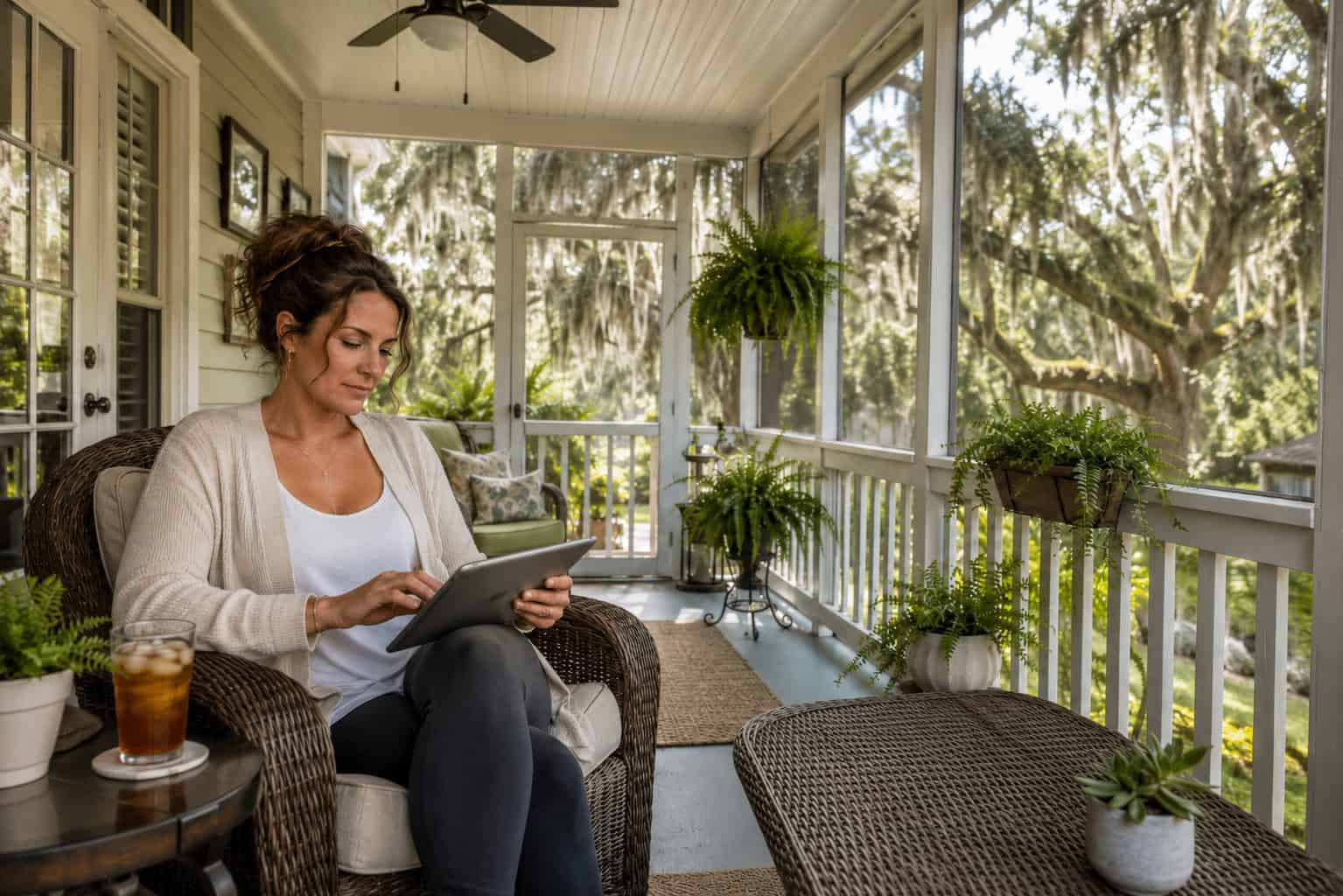 Individual health insurance Louisiana — Mandeville freelancer reviewing 2026 plan options on a Northshore screened porch