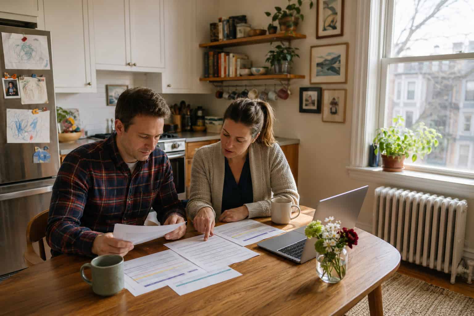 Cambridge couple reviewing 2026 Massachusetts health insurance options at their kitchen table