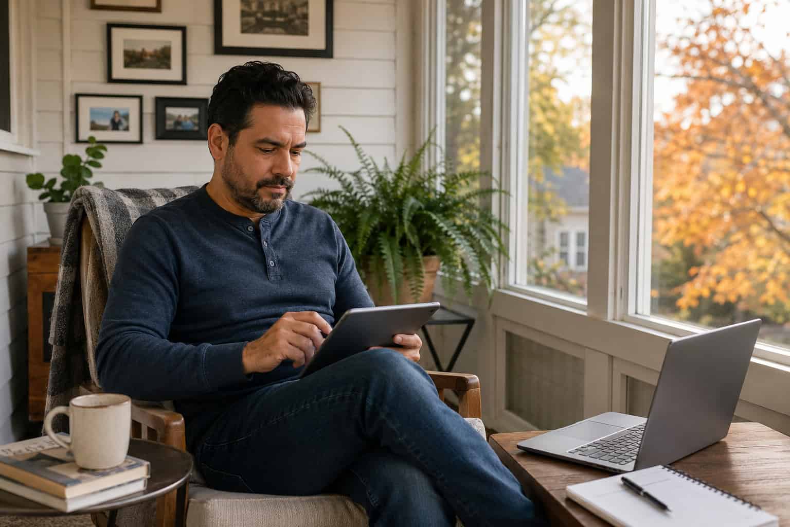  Lowell freelancer reviewing 2026 individual health insurance options on a tablet on an enclosed porch