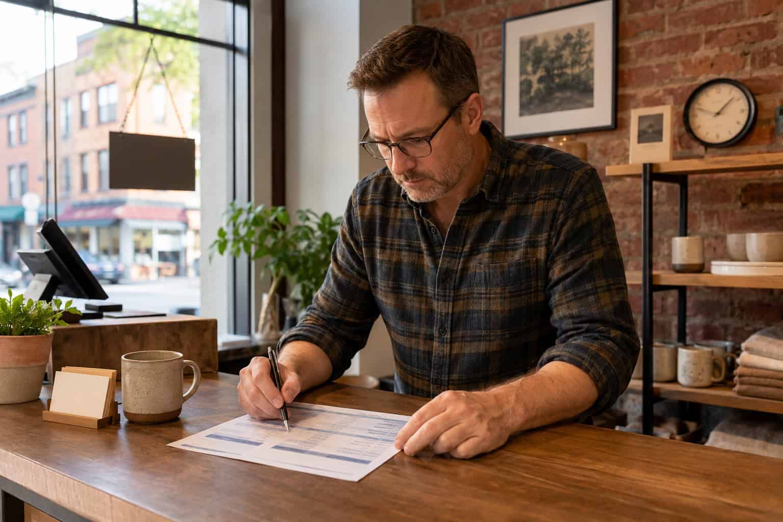 Northampton small business owner reviewing 2026 group health insurance options at his shop counter
