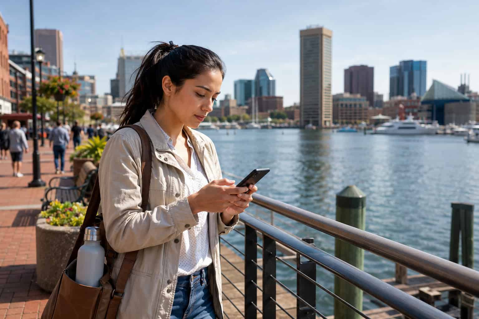 Baltimore resident checking 2026 affordable health insurance options on a phone near the Inner Harbor
