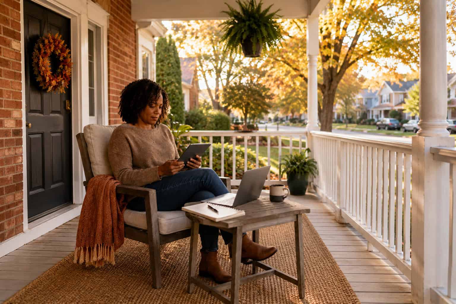 Silver Spring resident reviewing individual Maryland health insurance options on a townhome porch