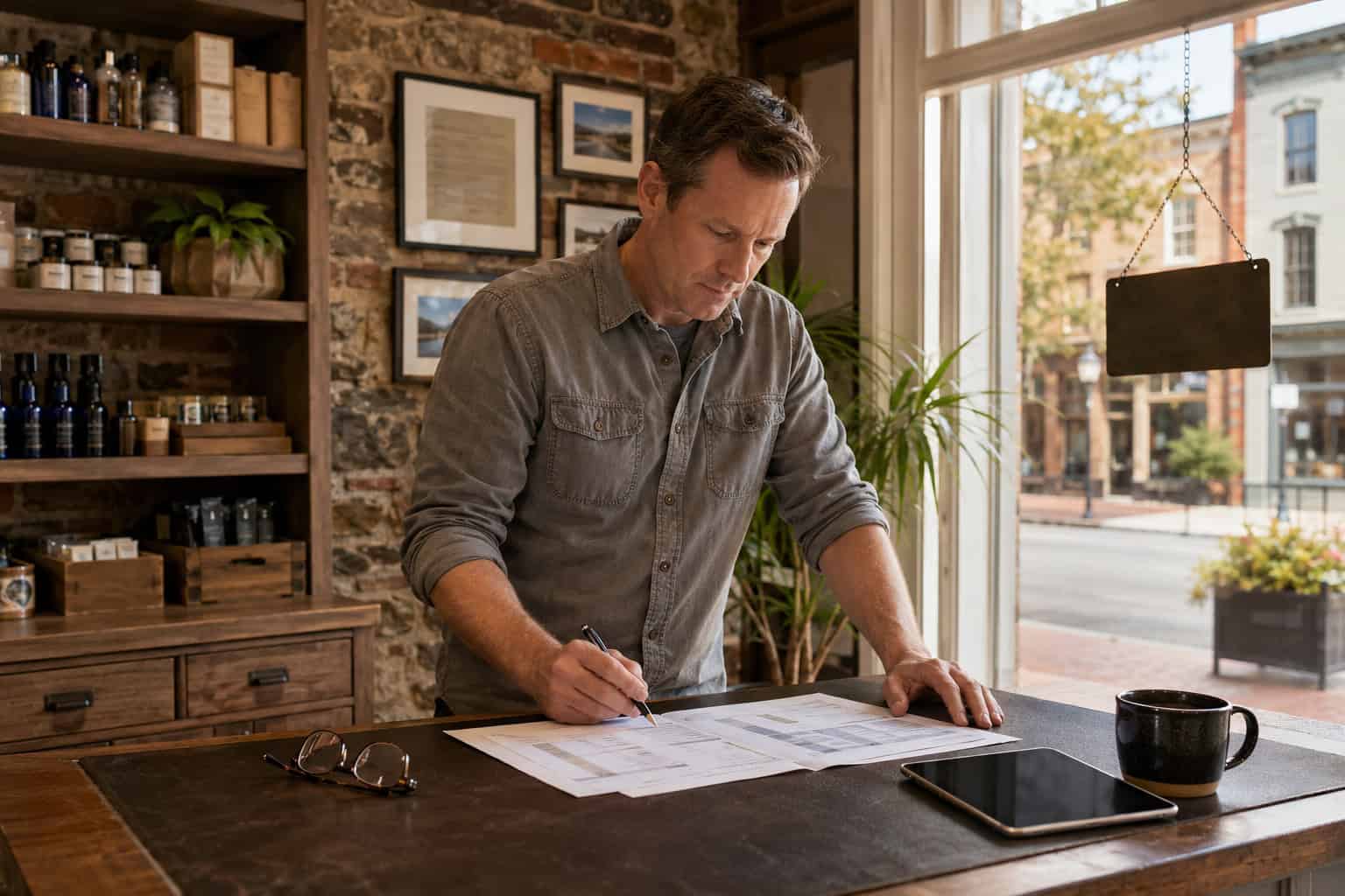 Frederick Maryland small business owner reviewing SHOP group health insurance options at the counter