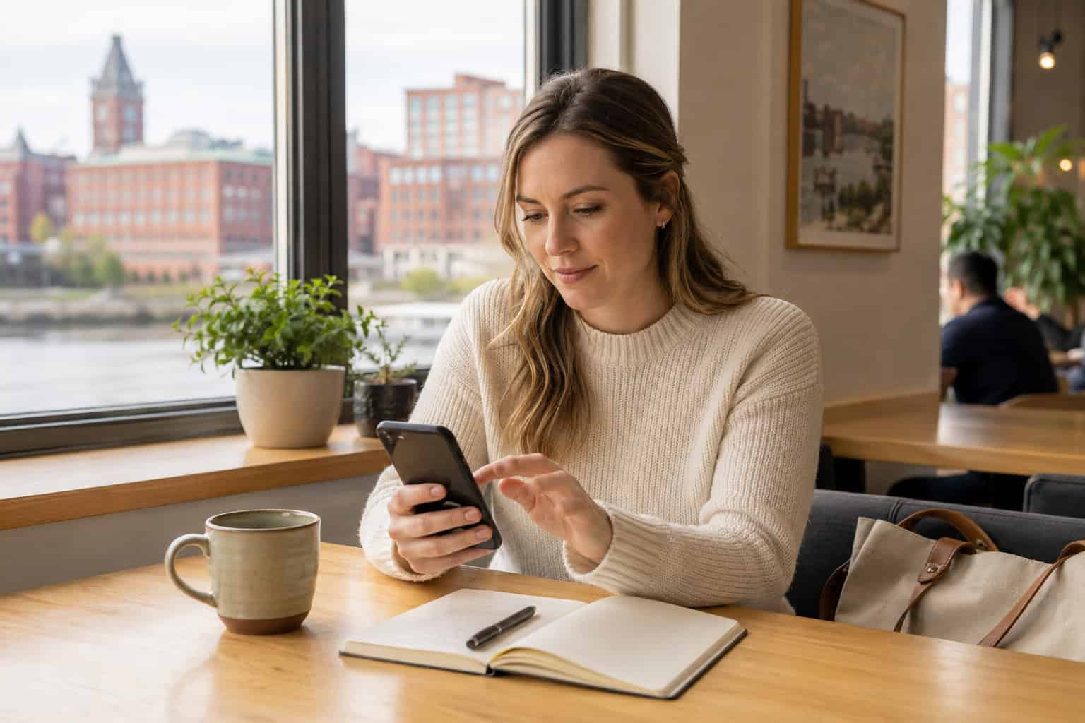 Auburn Maine resident comparing 2026 affordable health insurance options on her phone during a break