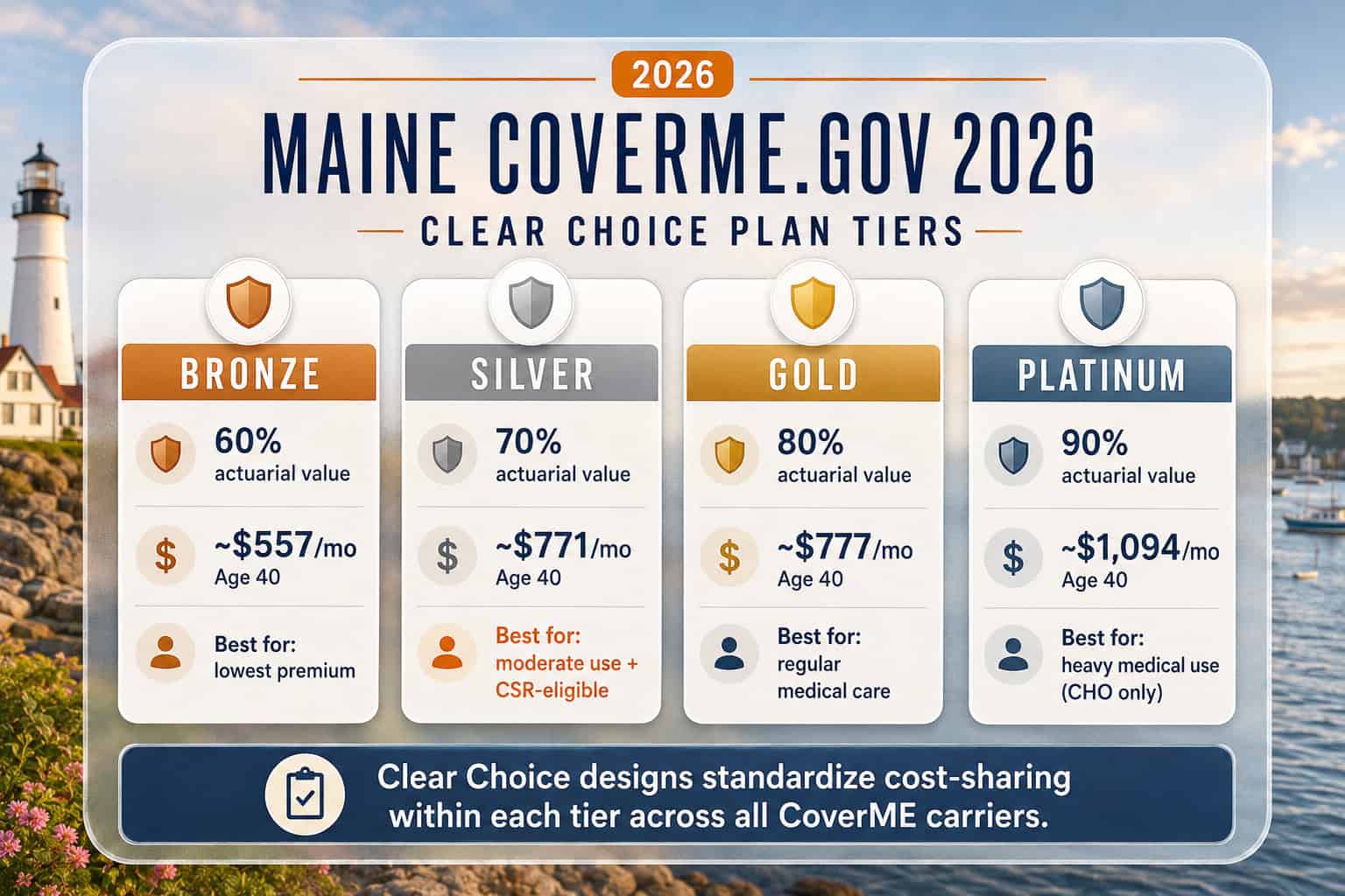 Maine CoverME.gov 2026 Clear Choice plan tier comparison showing Bronze Silver Gold and Platinum premiums and coverage