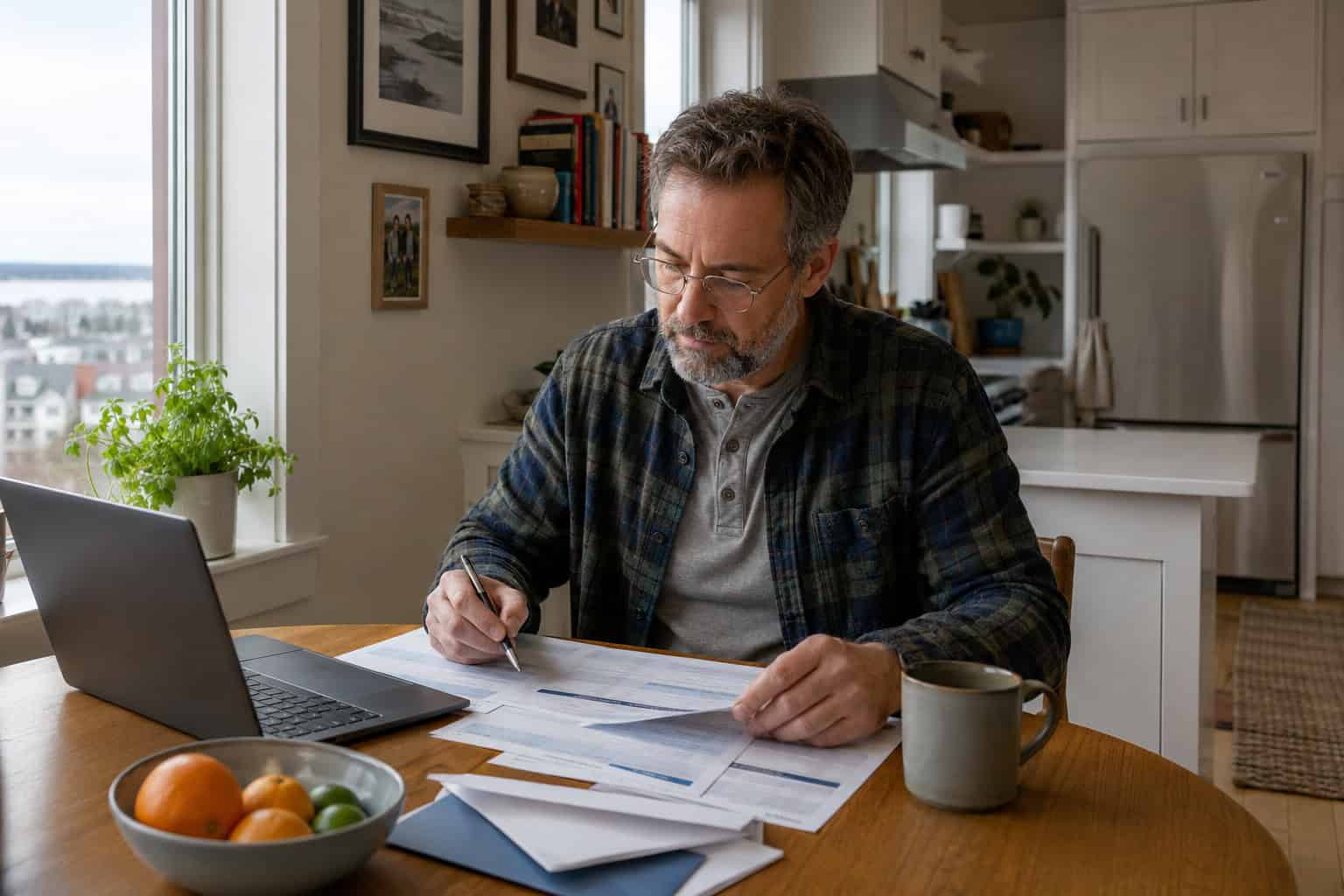 Portland resident reviewing 2026 Maine health insurance options at his kitchen table during open enrollment