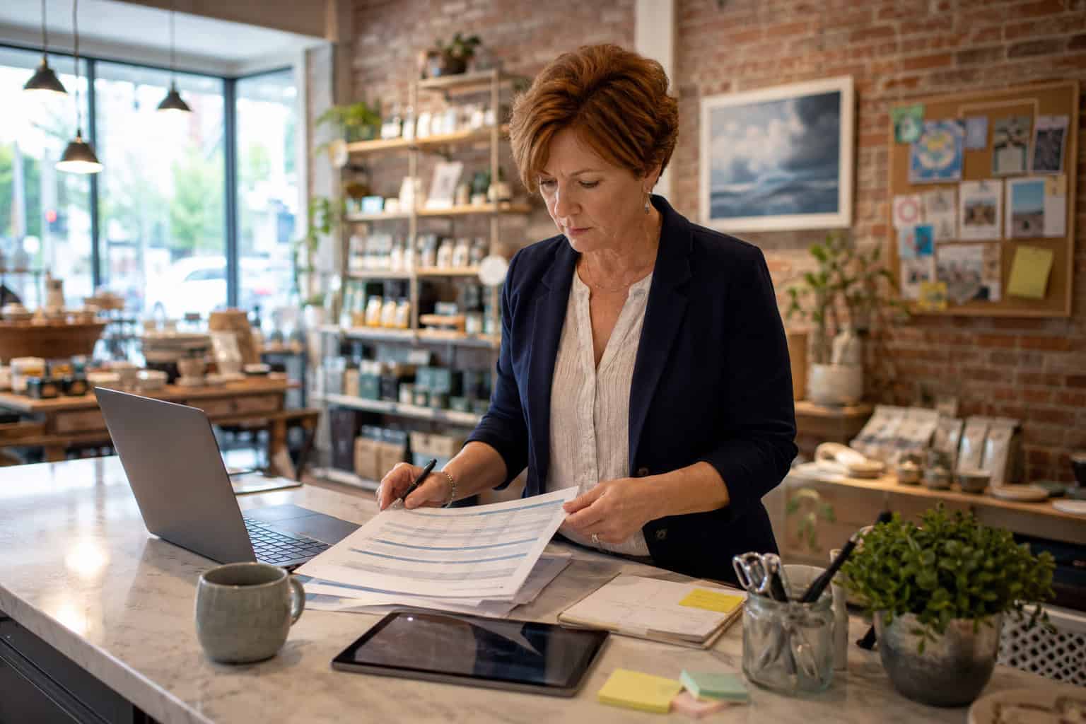 Portland Maine small business owner reviewing 2026 group health insurance options for her team at her shop counter