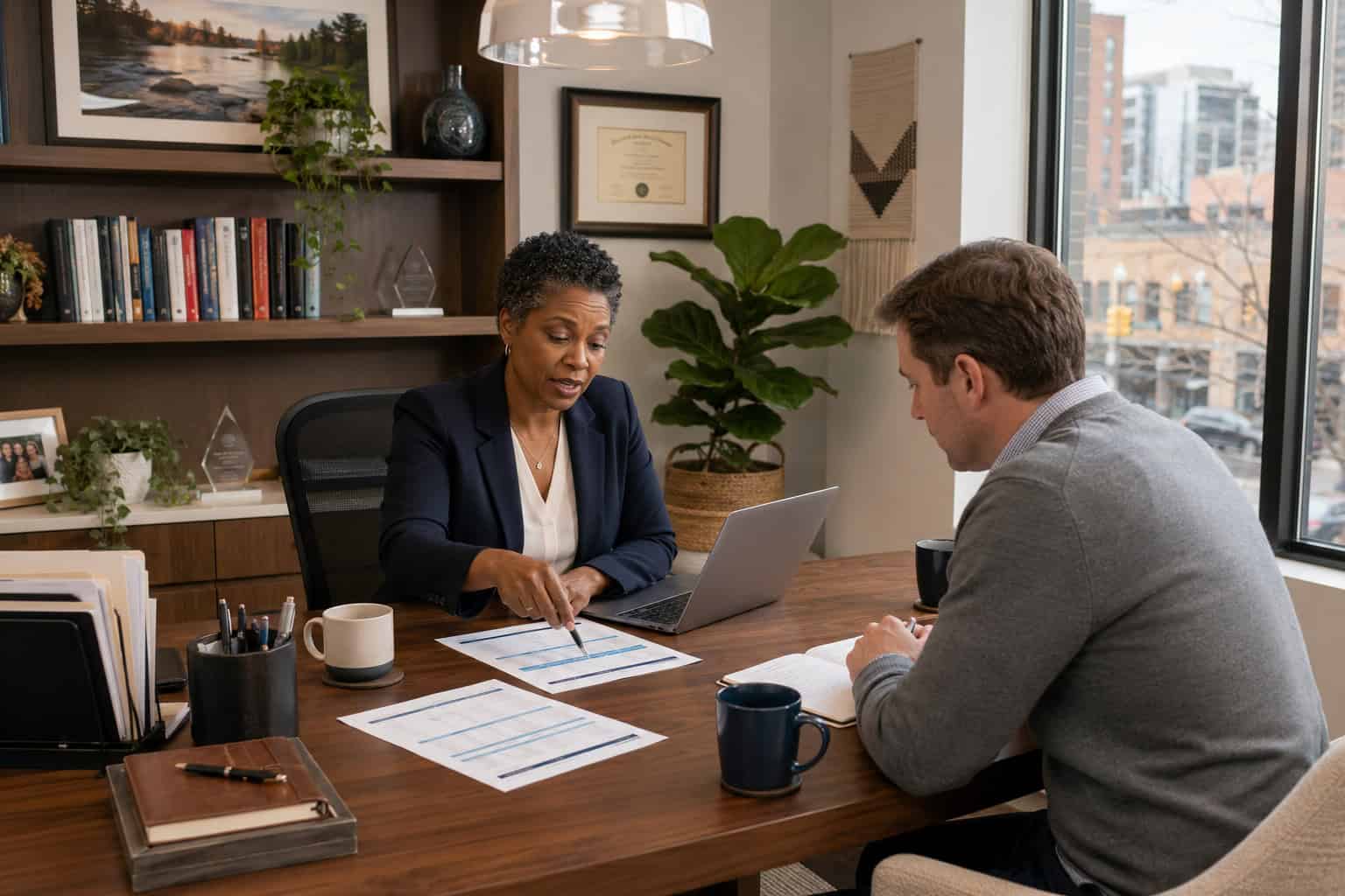 Grand Rapids licensed agent walking a client through 2026 Michigan health insurance carrier comparisons in her office