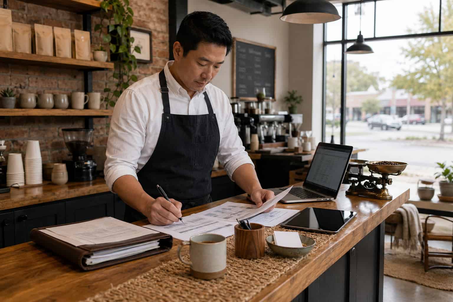 Troy Michigan small business owner reviewing 2026 employee health benefits options at his specialty coffee roastery