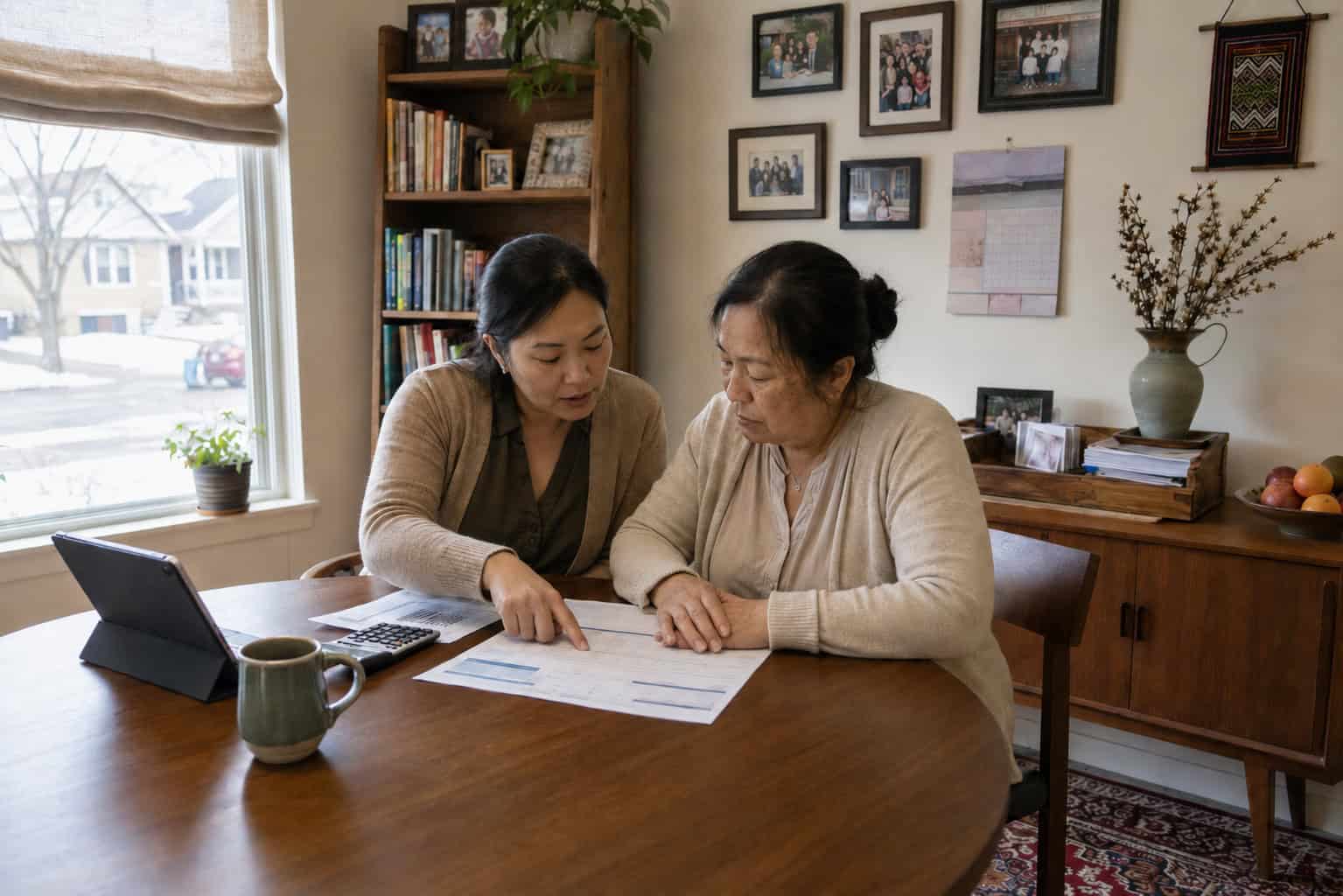 St. Paul daughter helping her mother review MinnesotaCare eligibility for affordable 2026 Minnesota coverage at home