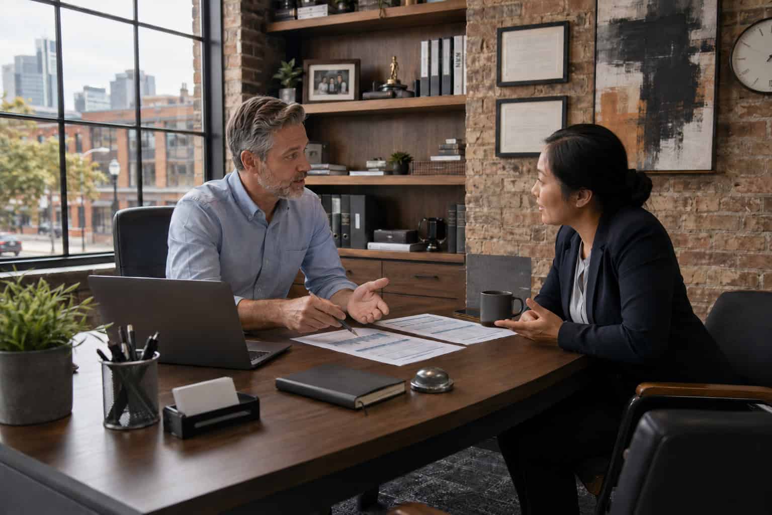 Minneapolis insurance broker reviewing 2026 Minnesota health plan carrier options with a client in a North Loop office