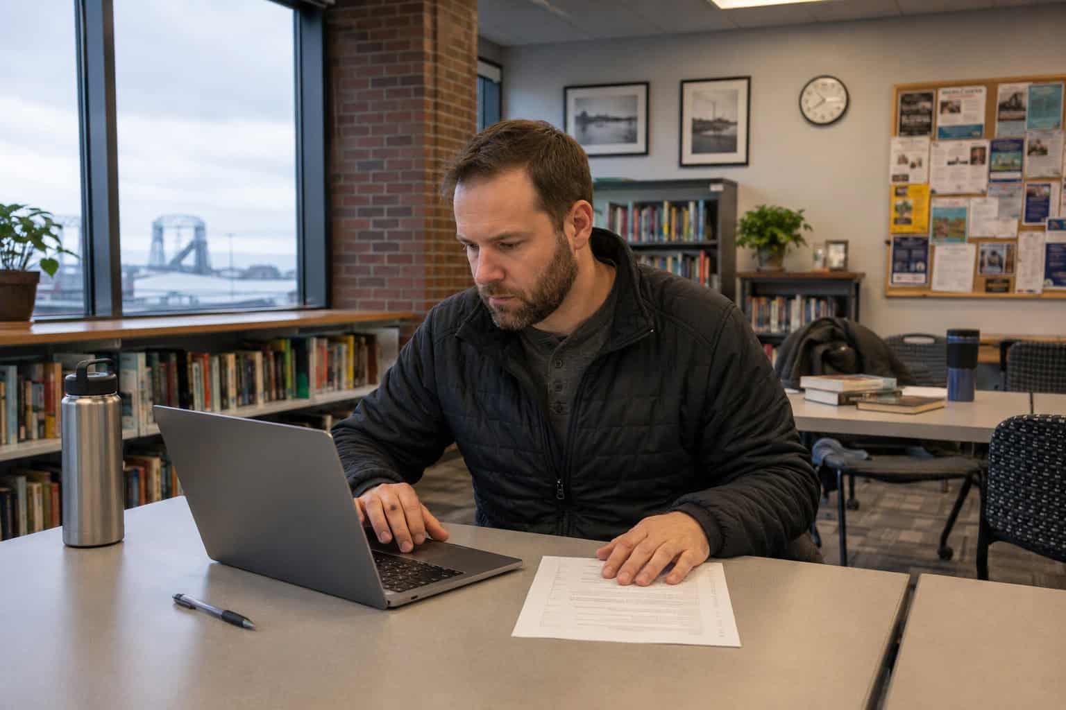 Duluth resident completing a 2026 MNsure marketplace enrollment application on a laptop at the public library