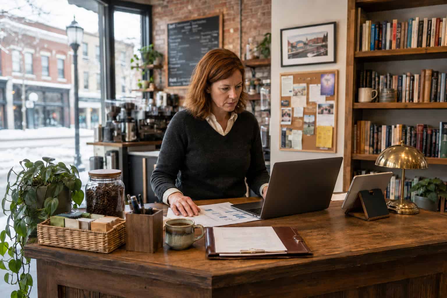 Stillwater Minnesota small business owner reviewing 2026 employee health benefits options at her bookstore-cafe counter