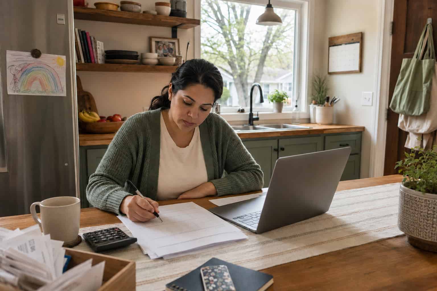 Springfield Missouri resident reviewing 2026 health plan costs and a household budget at her kitchen table with a laptop