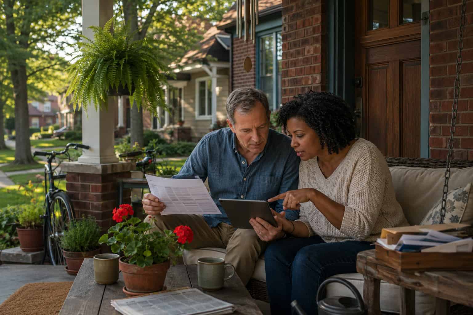 St. Louis couple comparing 2026 Missouri health insurance carriers and PPO networks on a tablet on their front porch