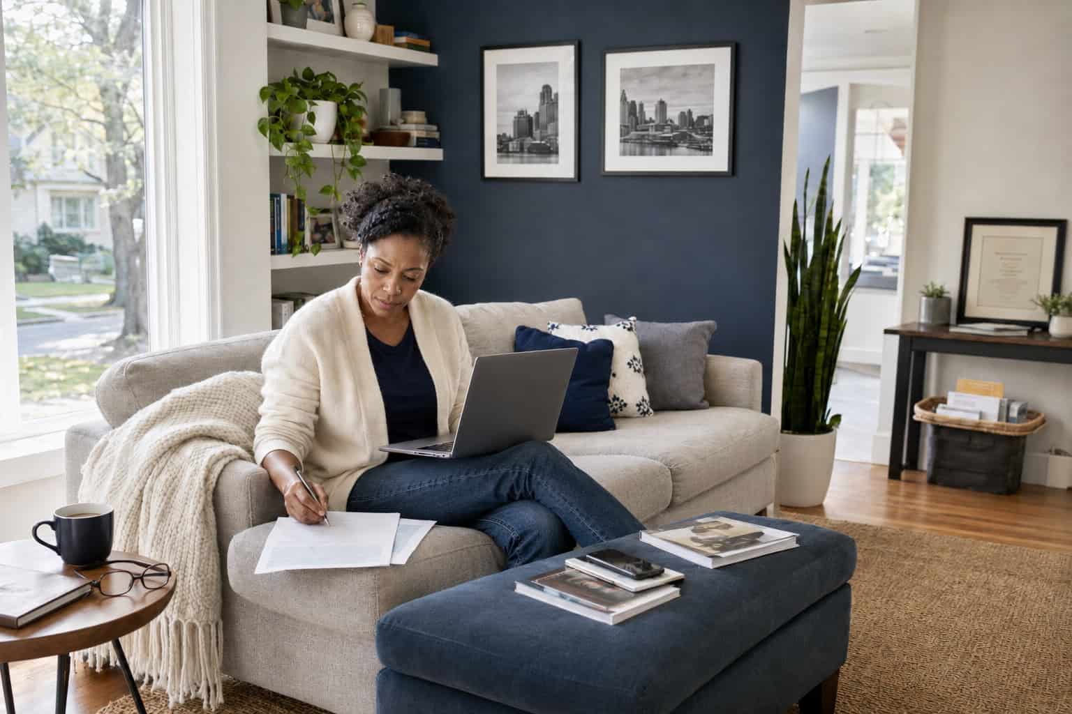 Kansas City resident comparing 2026 HealthCare.gov marketplace plans on a laptop in her Brookside living room
