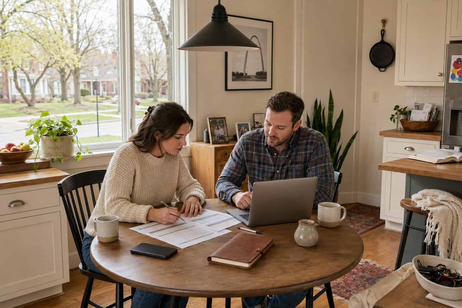 St. Louis couple reviewing 2026 Missouri health insurance options on HealthCare.gov at their kitchen table over coffee
