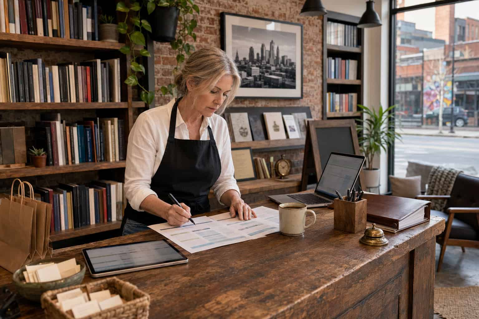 Kansas City small business owner reviewing 2026 employee health benefits options at her bookshop counter