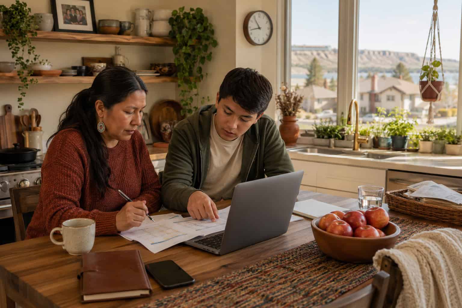 Great Falls Montana mother and teen son reviewing 2026 affordable coverage and subsidy options at the kitchen island