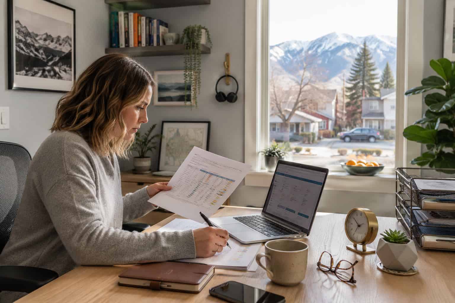 Bozeman Montana remote-work professional reviewing 2026 individual plan options at her home office desk