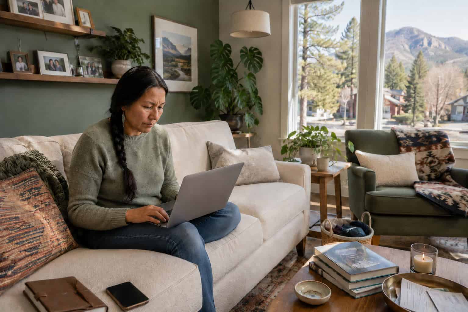 Missoula Montana resident reviewing 2026 HealthCare.gov marketplace enrollment options on a laptop from her living room