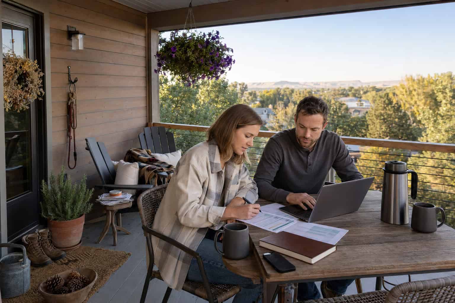 Billings Montana couple reviewing 2026 HealthCare.gov plan options together on a covered deck on a Big Sky morning