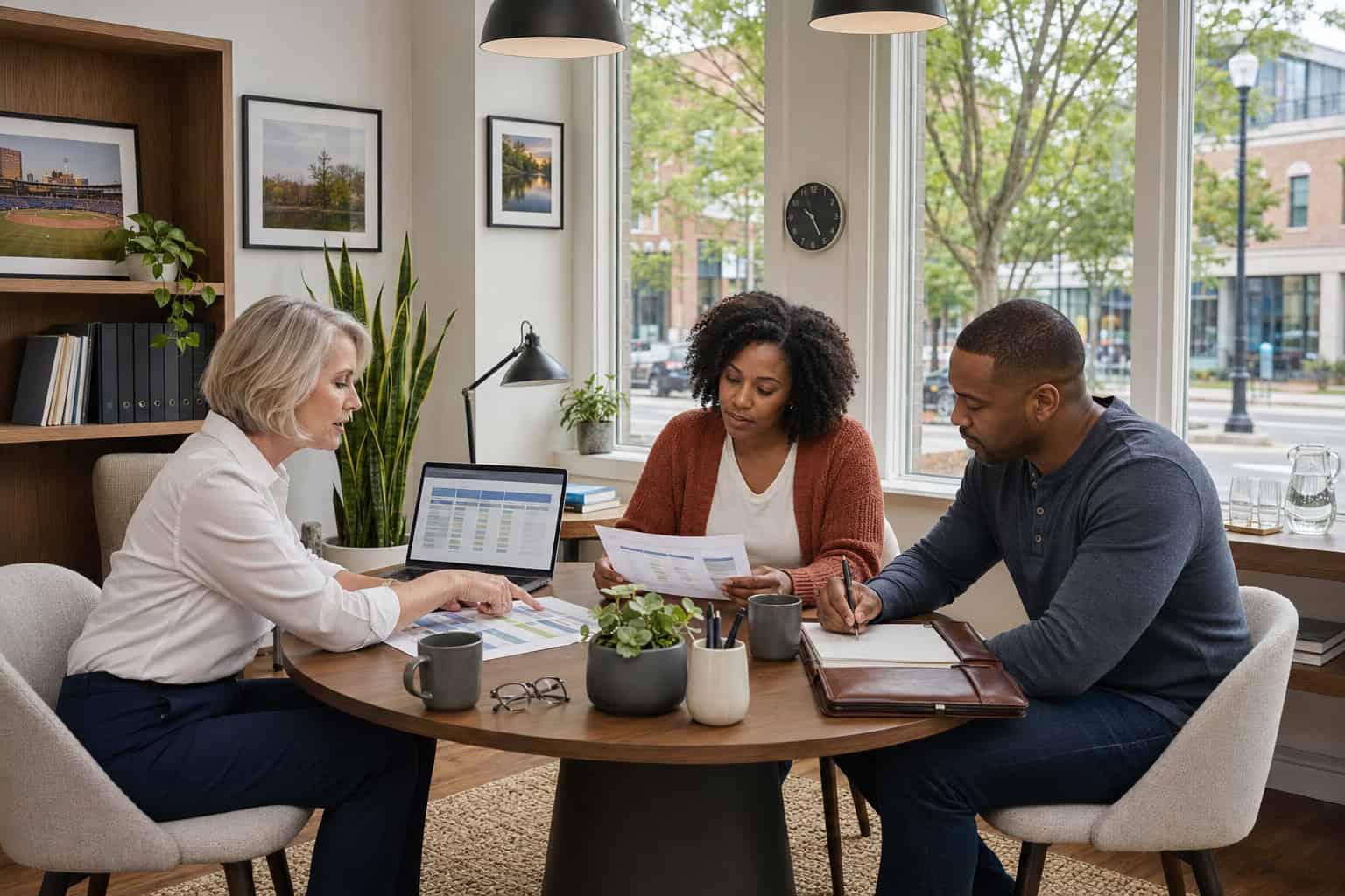 Durham North Carolina couple meeting a licensed agent to compare 2026 carriers and Blue Cross NC network tiers