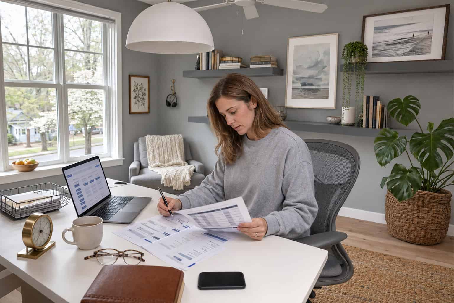 Chapel Hill North Carolina consultant reviewing 2026 individual plan options at her home-office desk